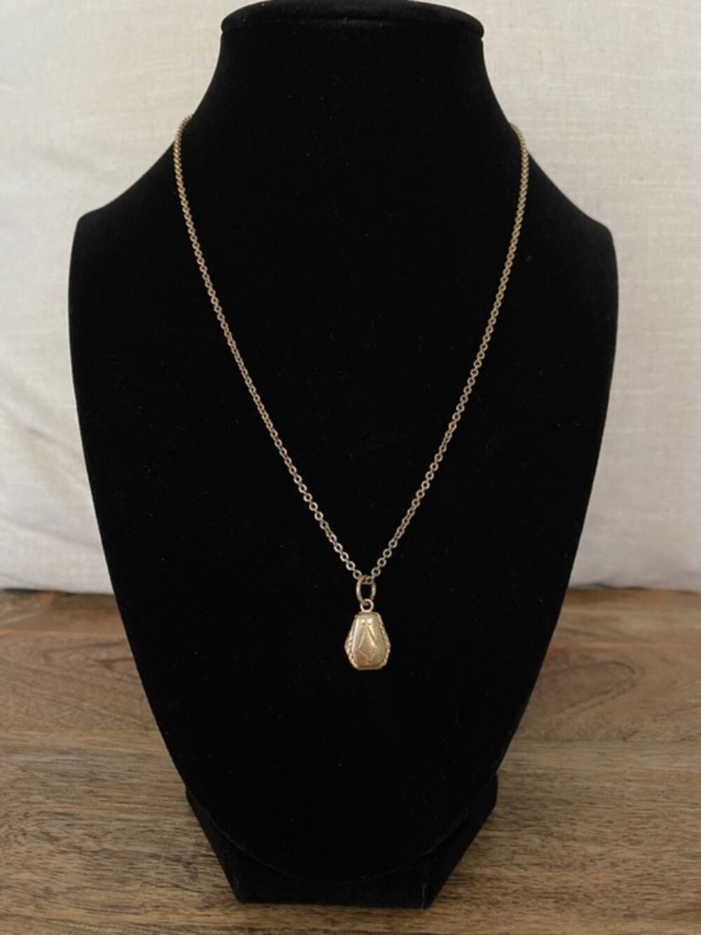 Vintage Tiny 1930s 1940s Art Deco Geometric Engraved Locket Necklace Gold Tone